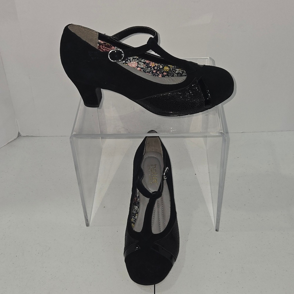 Hotter Georgette Black Suede T-Strap Comfort Heels Womens 6.5 UK 4.5 EU 37.5